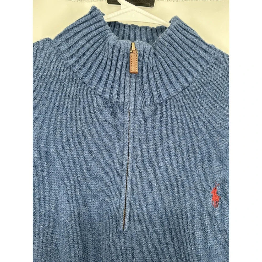 Polo‎ Ralph Lauren Sweater Leather Tab Quarter 1/4 Zip Pullover Blue Knit Mens L